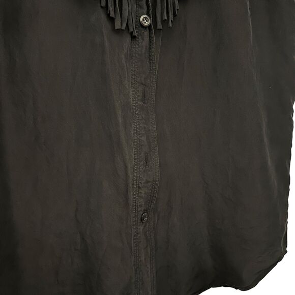 Croquet Clue Black 100% Silk Sleeveless Western Fringe Button Up Blouse Size M - Picture 7 of 7